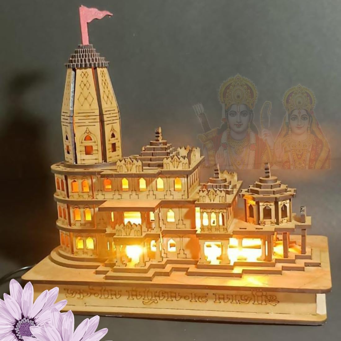 Shri Ram Mandir Ayodhya Temple Wooden Model Authentic Design Idol with Changing LED Lights for Home Temple, Office Decor & Gifts - 6 inch...