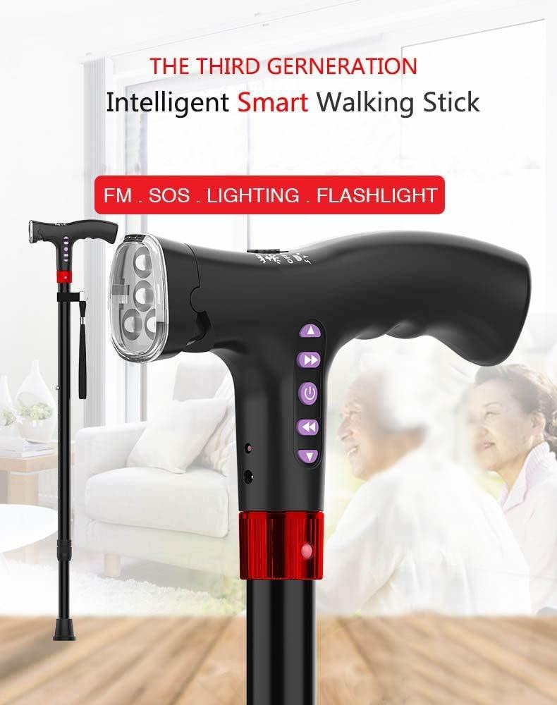 Healthcare Rechargeable Walking Radio Hand Stick Lighting Elderly Walking Stick Adjustable with Alarm Radio Walking Elderly Hand Stick