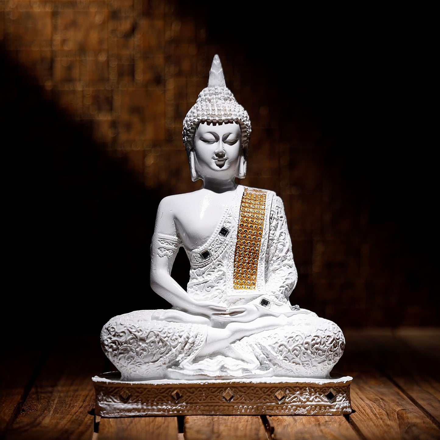 New 25 Centimetre Meditating Sitting Buddha Statue showpiece Idol Home Decor Items for Living Room and Gifts (1, Orange Black)