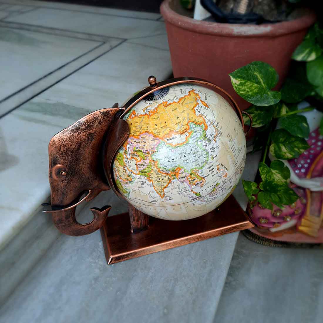 Elephant With Globe Showpiece Figurines - Antique Showpiece - for Home, Vastu, Good Luck, Table & Office Decor & Gift - 11 Inch