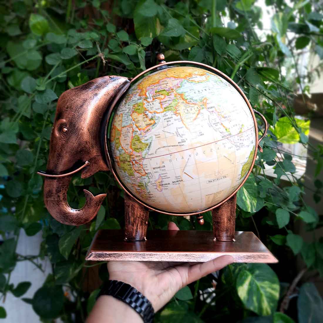 Elephant With Globe Showpiece Figurines - Antique Showpiece - for Home, Vastu, Good Luck, Table & Office Decor & Gift - 11 Inch