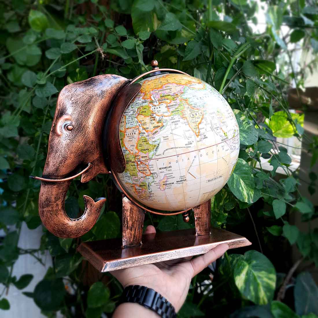 Elephant With Globe Showpiece Figurines - Antique Showpiece - for Home, Vastu, Good Luck, Table & Office Decor & Gift - 11 Inch