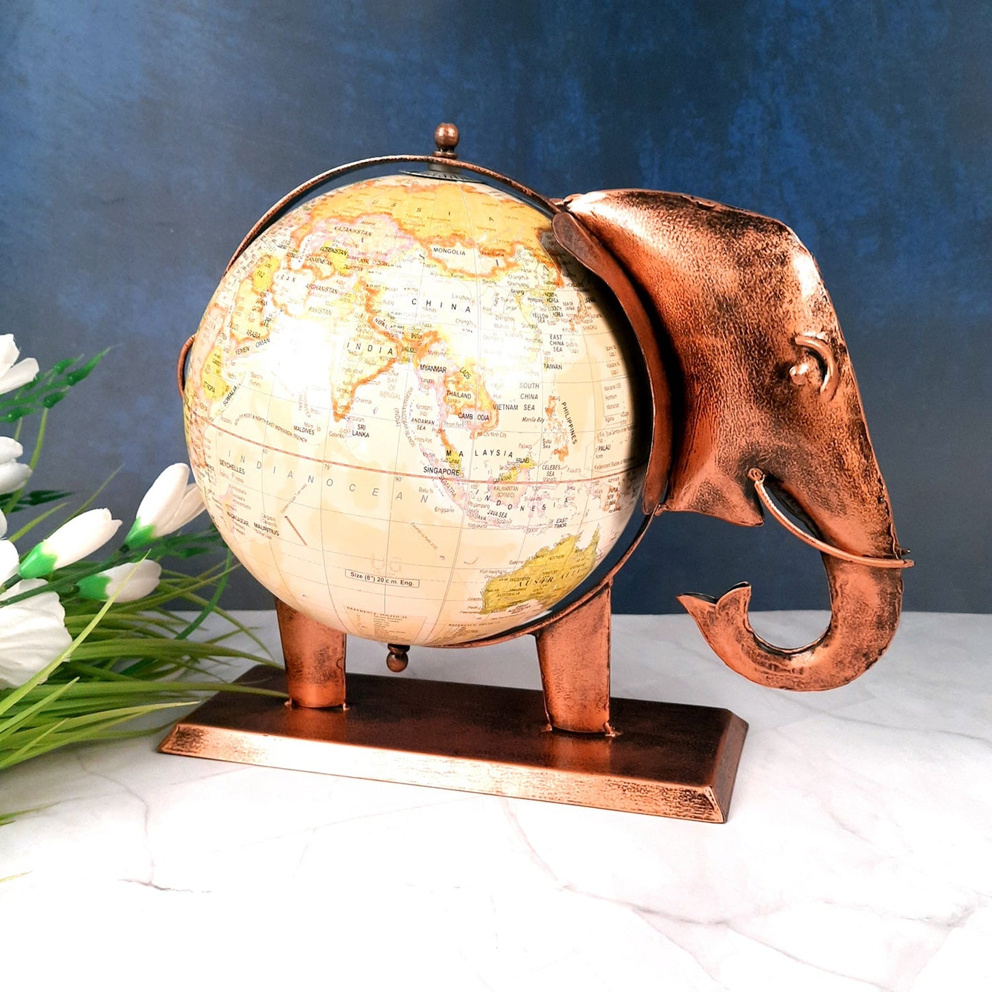 Elephant With Globe Showpiece Figurines - Antique Showpiece - for Home, Vastu, Good Luck, Table & Office Decor & Gift - 11 Inch