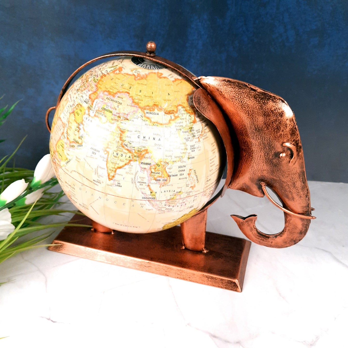Elephant With Globe Showpiece Figurines - Antique Showpiece - for Home, Vastu, Good Luck, Table & Office Decor & Gift - 11 Inch
