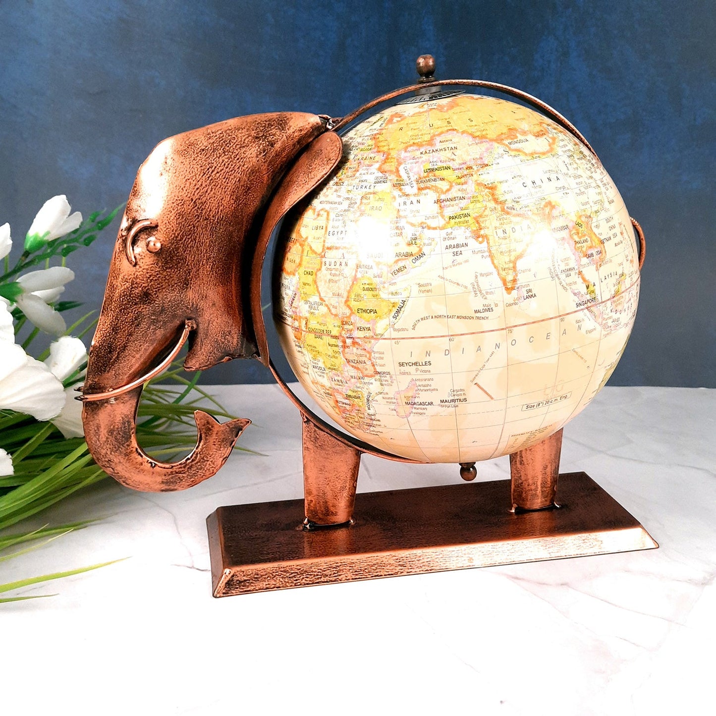 Elephant With Globe Showpiece Figurines - Antique Showpiece - for Home, Vastu, Good Luck, Table & Office Decor & Gift - 11 Inch