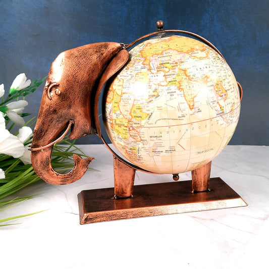 Elephant With Globe Showpiece Figurines - Antique Showpiece - for Home, Vastu, Good Luck, Table & Office Decor & Gift - 11 Inch