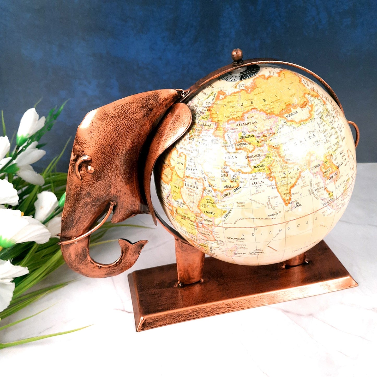 Elephant With Globe Showpiece Figurines - Antique Showpiece - for Home, Vastu, Good Luck, Table & Office Decor & Gift - 11 Inch