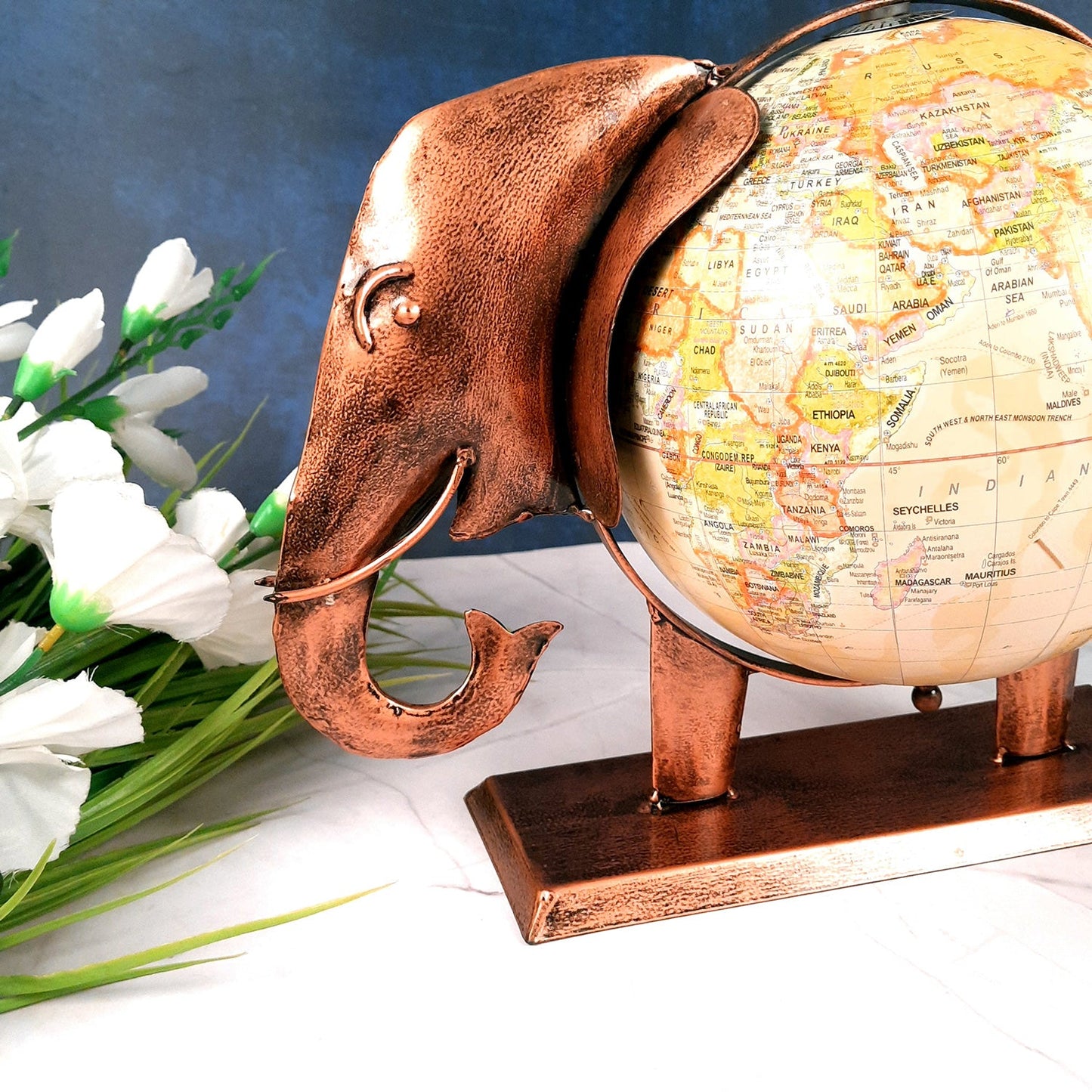 Elephant With Globe Showpiece Figurines - Antique Showpiece - for Home, Vastu, Good Luck, Table & Office Decor & Gift - 11 Inch