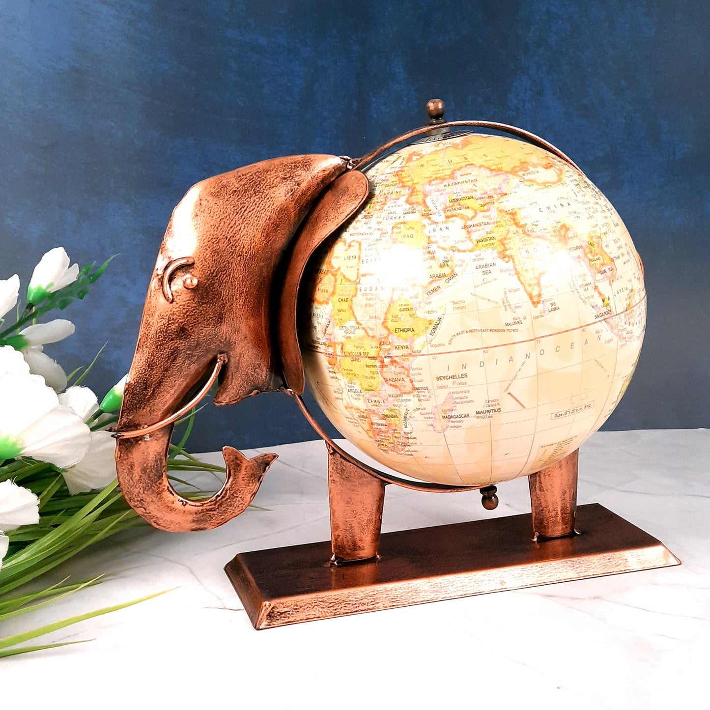 Elephant With Globe Showpiece Figurines - Antique Showpiece - for Home, Vastu, Good Luck, Table & Office Decor & Gift - 11 Inch