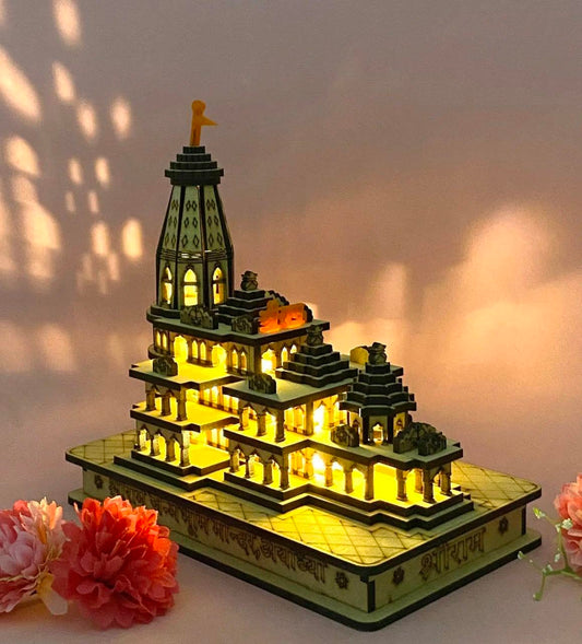 Shri Ram Mandir Ayodhya Temple Wooden Model Authentic Design Idol with Changing LED Lights for Home Temple, Office Decor & Gifts - 6 inch...