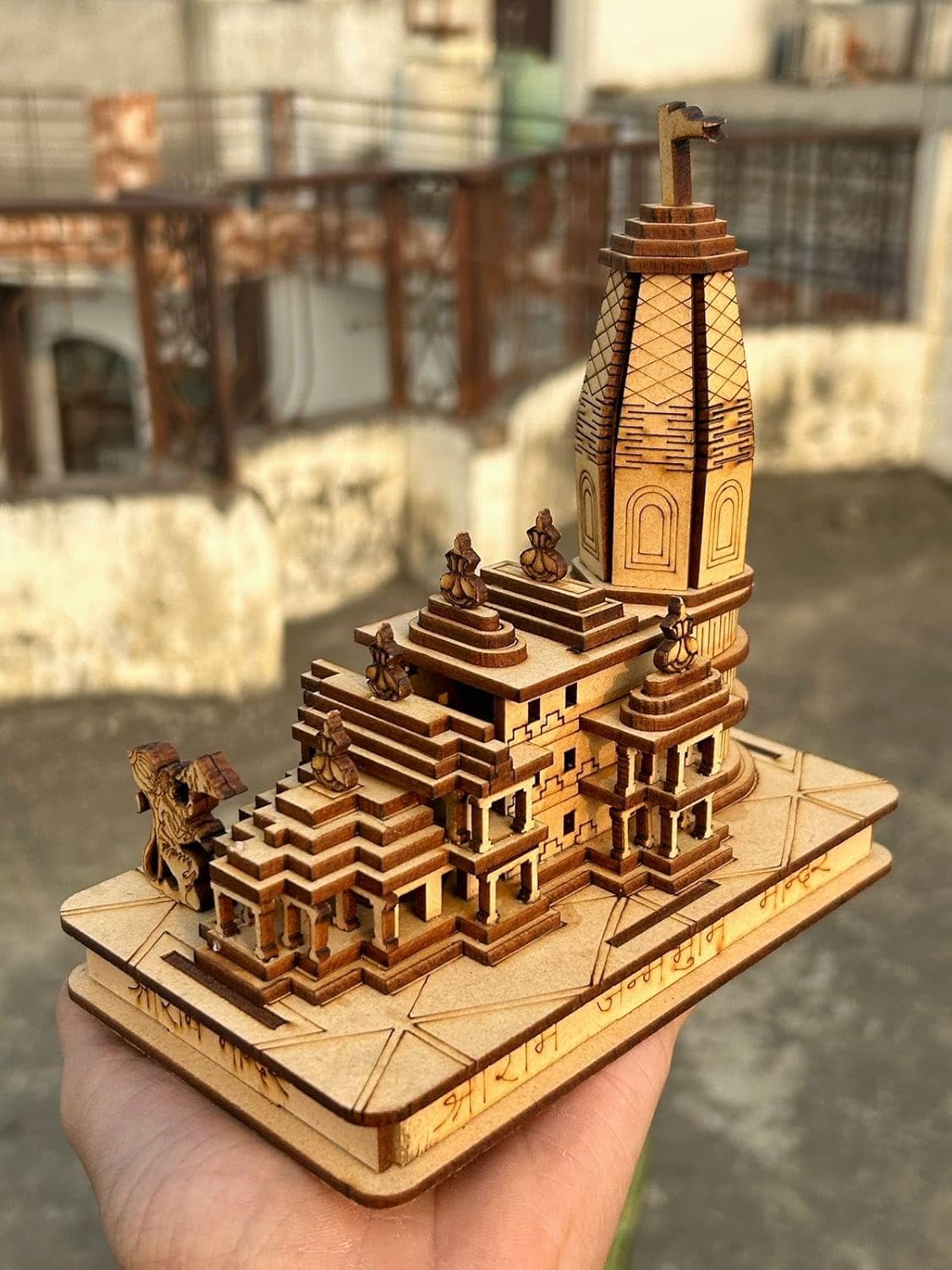 Shri Ram Mandir Ayodhya Temple Wooden Model Authentic Design Idol with Changing LED Lights for Home Temple, Office Decor & Gifts - 6 inch...