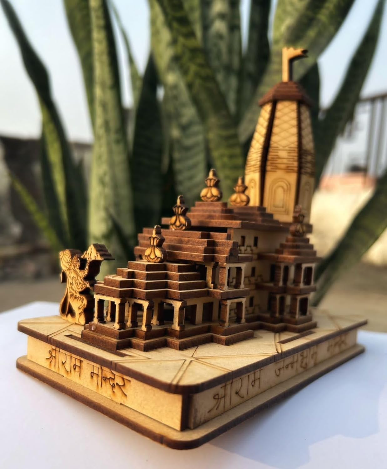 Shri Ram Mandir Ayodhya Temple Wooden Model Authentic Design Idol with Changing LED Lights for Home Temple, Office Decor & Gifts - 6 inch...