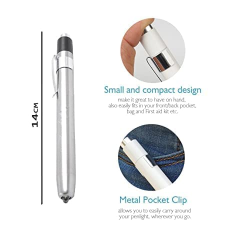 Healthcare Medical Silver Pen Light Torch for Nursing Students, Doctors - LED White Yellow Light (Black and Silver)