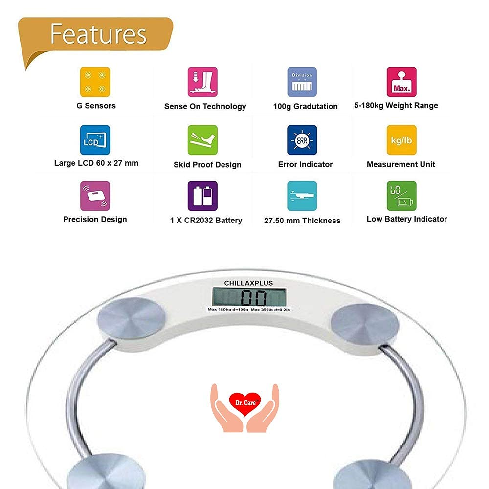 Dr Care Electronic Thick 8MM Tempered Glass & LCD Display DigitalRound and Transparent Personal Bathroom Health Body Weight Scales For Body Weight, Weight Scale Digital For Human Body 180kg