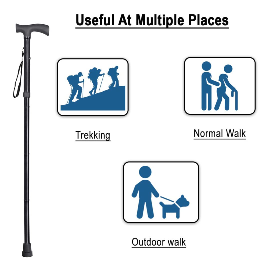 Healthcare 4 Folding Sections Aluminium Foldable Walking Stick Adjustible Height, for Men, Women & Old People Support, Trekking Cane Stick, Easy to Store (Black)