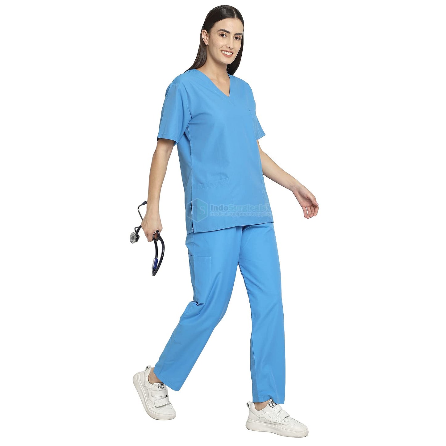 Unisex Regular Fit V-Neck Top and Cargo Type Trouser Scrub Suit OT Dress Set (Blue, 38-Medium).