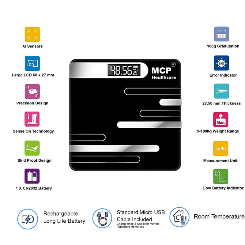 Healthcare Electronic Personal Human Body Fat Health “G” Sensor, Digital Automatic Zero Resetting, Rechargeable Weighing Scale, Measure Units in Both KG/LB. (Black)