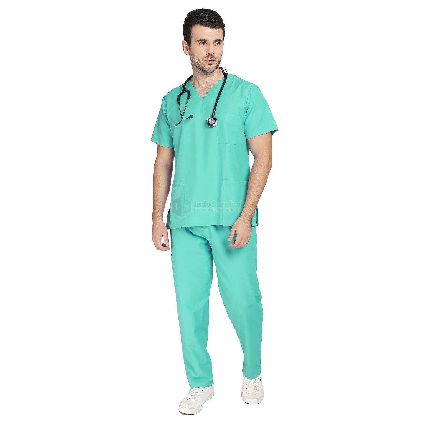Unisex Regular Fit V-Neck Top and Cargo Type Trouser Scrub Suit OT Dress Set (Blue, 38-Medium).