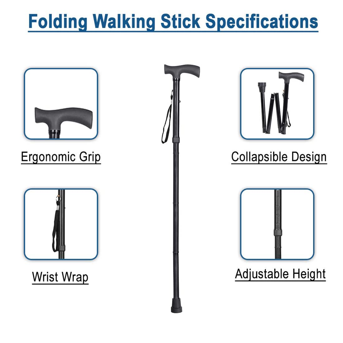 Healthcare 4 Folding Sections Aluminium Foldable Walking Stick Adjustible Height, for Men, Women & Old People Support, Trekking Cane Stick, Easy to Store (Black)