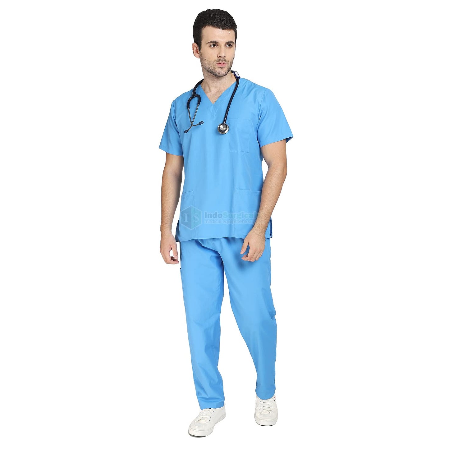 Unisex Regular Fit V-Neck Top and Cargo Type Trouser Scrub Suit OT Dress Set (Blue, 38-Medium).