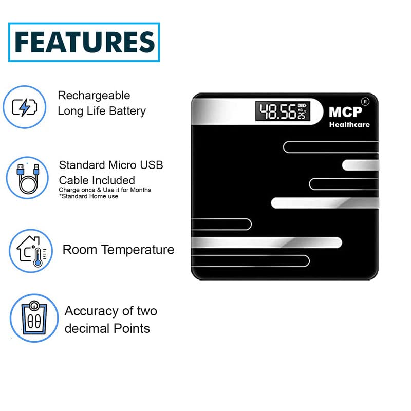 Healthcare Electronic Personal Human Body Fat Health “G” Sensor, Digital Automatic Zero Resetting, Rechargeable Weighing Scale, Measure Units in Both KG/LB. (Black)