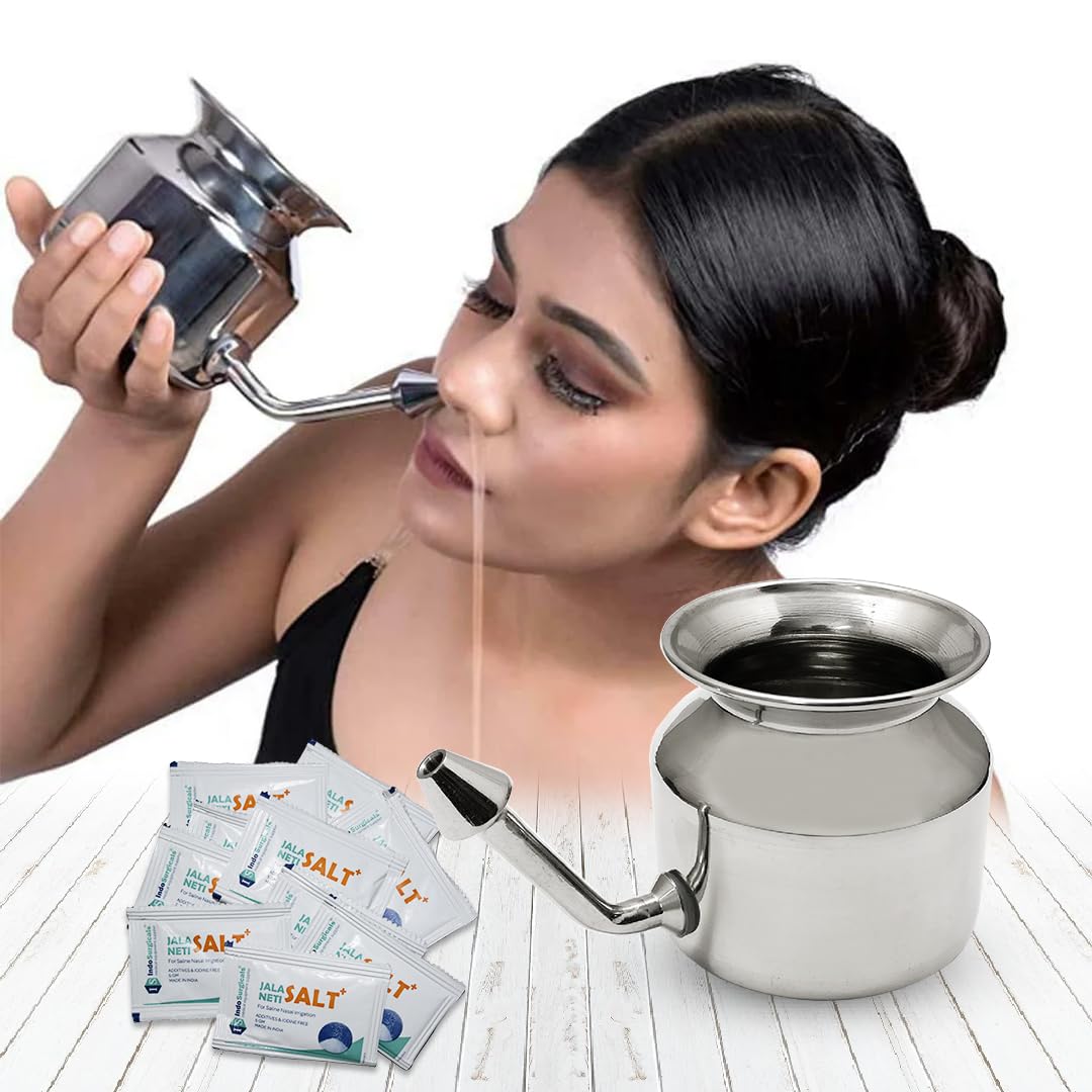 Stainless Steel Ayurvedic Jala Neti Pot for Sinus Congestion With 10 Sachet of Salt Plus
