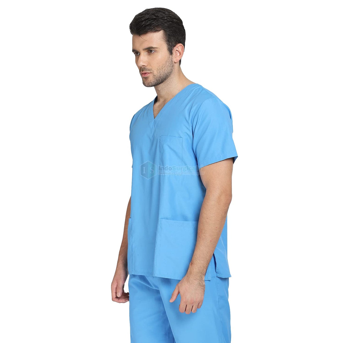 Unisex Regular Fit V-Neck Top and Cargo Type Trouser Scrub Suit OT Dress Set (Blue, 38-Medium).