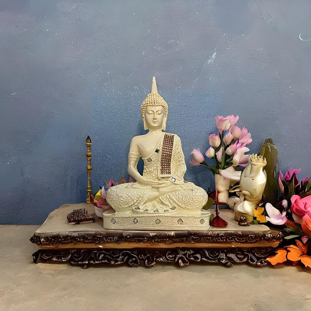 New 25 Centimetre Meditating Sitting Buddha Statue showpiece Idol Home Decor Items for Living Room and Gifts (1, Orange Black)