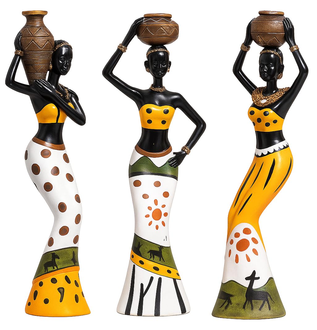 Beautiful Finish Uniquely Hand Crafted Home Dcor African Tribal Women Art Piece - (Set of 3, Multicolour), Resin