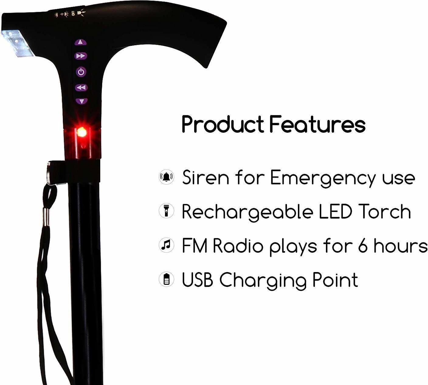 Healthcare Rechargeable Walking Radio Hand Stick Lighting Elderly Walking Stick Adjustable with Alarm Radio Walking Elderly Hand Stick