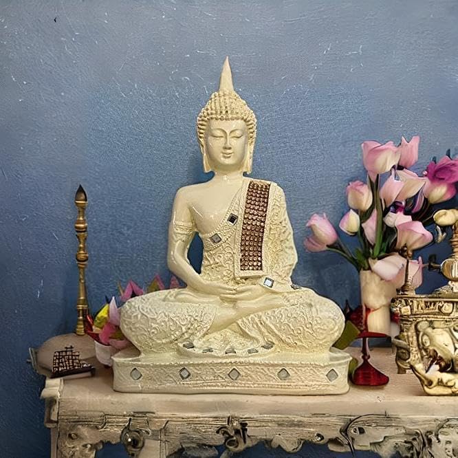 New 25 Centimetre Meditating Sitting Buddha Statue showpiece Idol Home Decor Items for Living Room and Gifts (1, Orange Black)