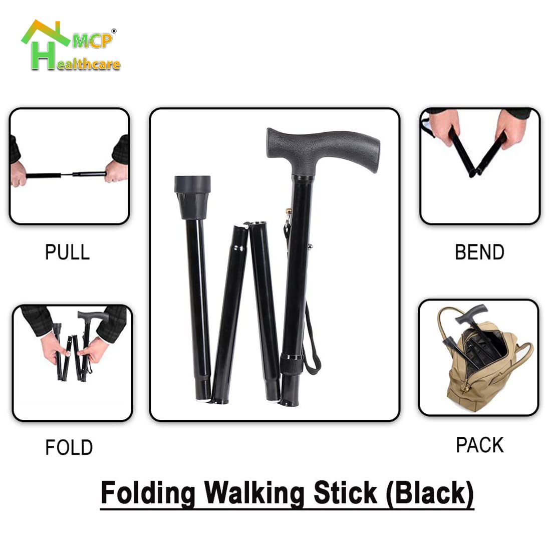 Healthcare 4 Folding Sections Aluminium Foldable Walking Stick Adjustible Height, for Men, Women & Old People Support, Trekking Cane Stick, Easy to Store (Black)