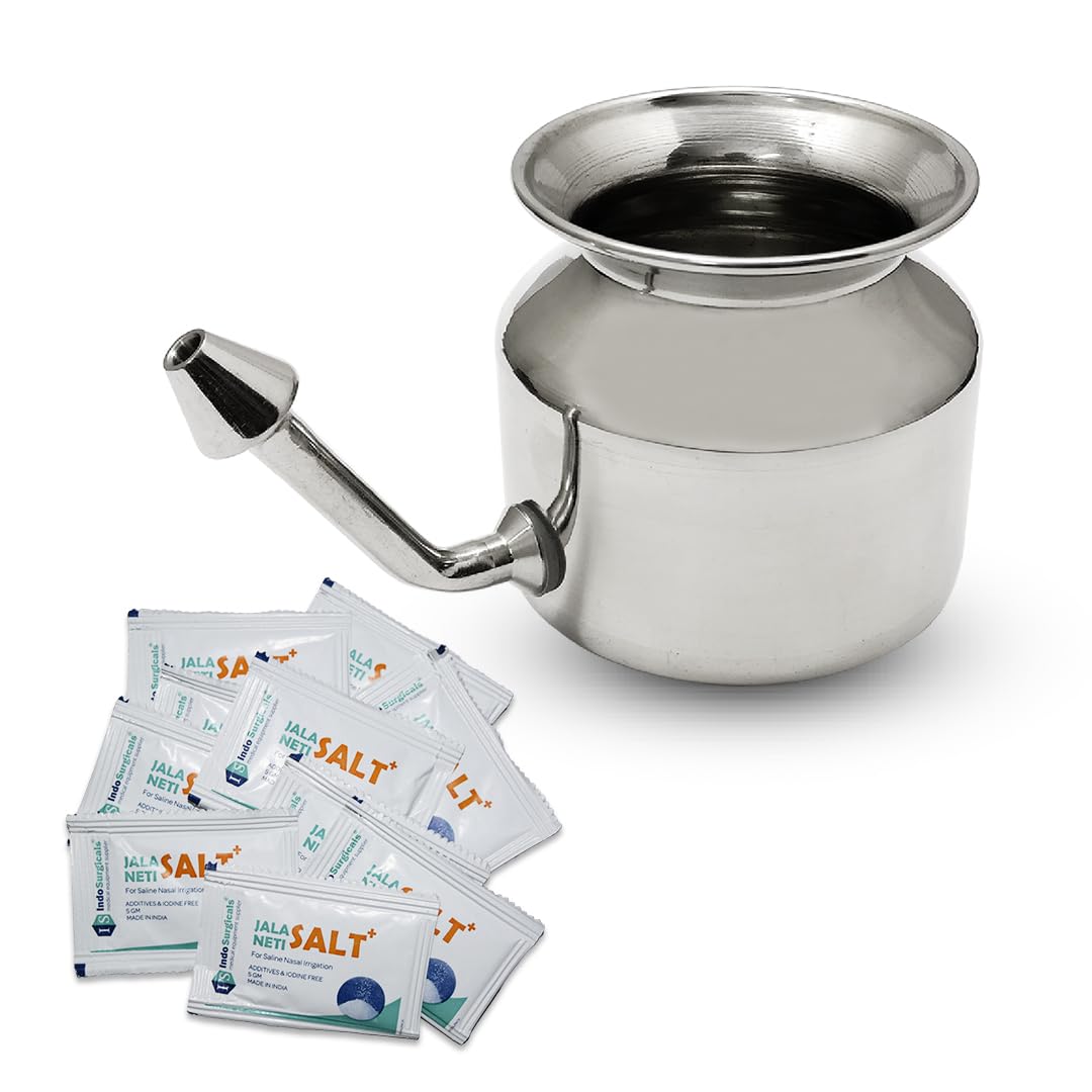 Stainless Steel Ayurvedic Jala Neti Pot for Sinus Congestion With 10 Sachet of Salt Plus