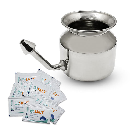Stainless Steel Ayurvedic Jala Neti Pot for Sinus Congestion With 10 Sachet of Salt Plus