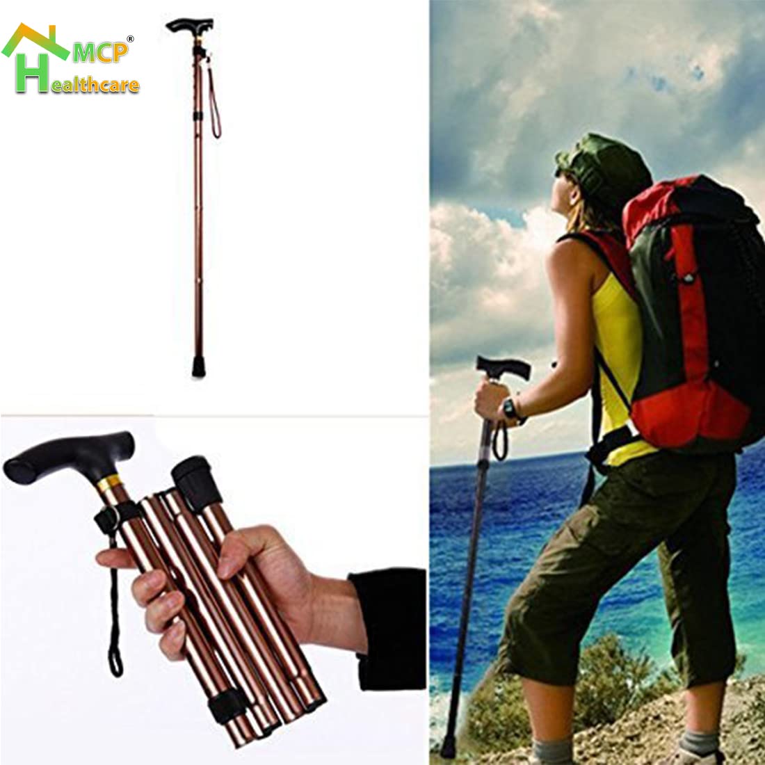 Healthcare Walking Mobility Four Section Divided Automatic Fold Able Disability Aid Hans Stick Portable & Lightweight Walking Cane Folding Cane Adjustable Walking Cane for Men Women (Brown)