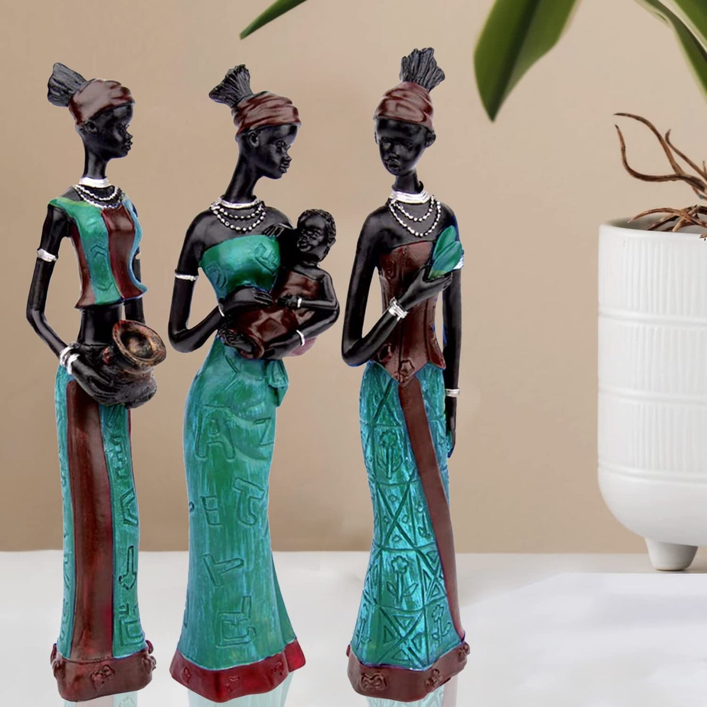 Beautiful Finish Uniquely Hand Crafted Home Dcor African Tribal Women Art Piece - (Set of 3, Multicolour), Resin