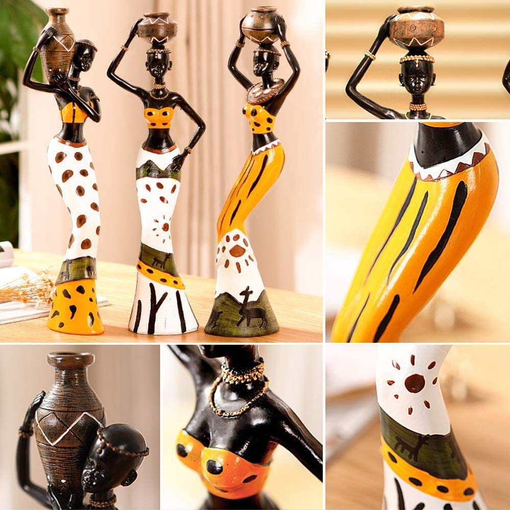 Beautiful Finish Uniquely Hand Crafted Home Dcor African Tribal Women Art Piece - (Set of 3, Multicolour), Resin