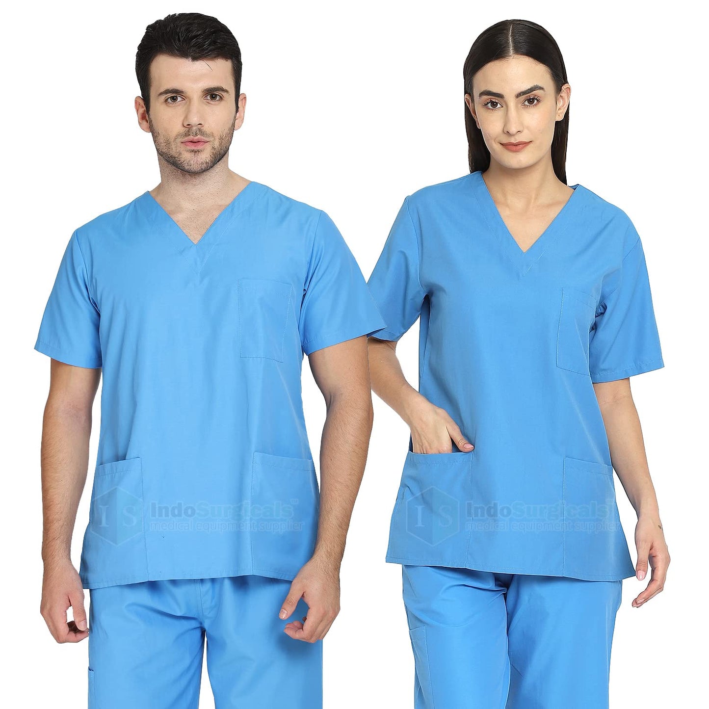 Unisex Regular Fit V-Neck Top and Cargo Type Trouser Scrub Suit OT Dress Set (Blue, 38-Medium).