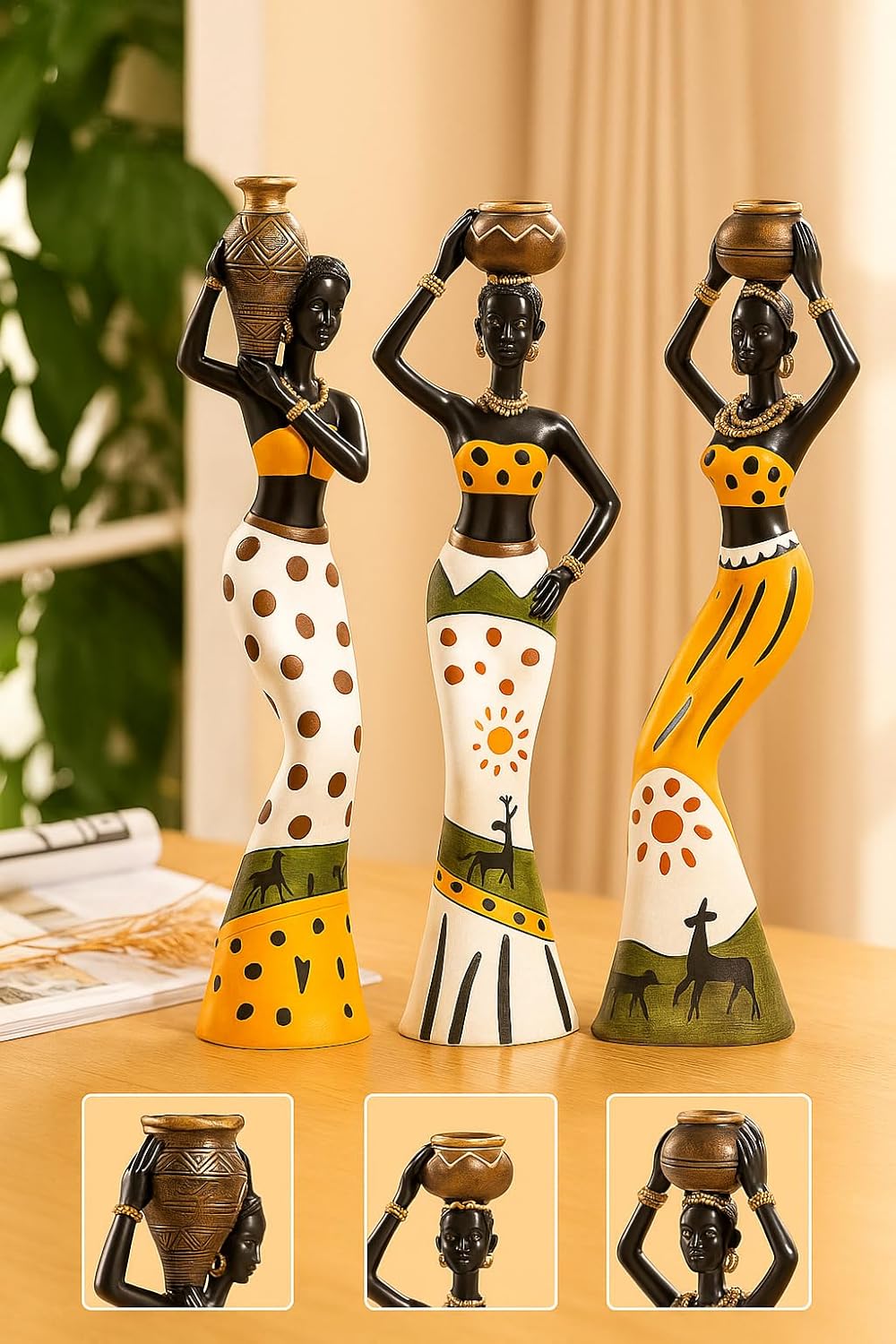 Beautiful Finish Uniquely Hand Crafted Home Dcor African Tribal Women Art Piece - (Set of 3, Multicolour), Resin
