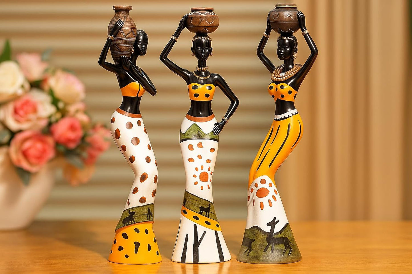 Beautiful Finish Uniquely Hand Crafted Home Dcor African Tribal Women Art Piece - (Set of 3, Multicolour), Resin