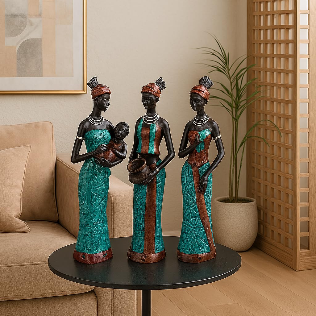 Beautiful Finish Uniquely Hand Crafted Home Dcor African Tribal Women Art Piece - (Set of 3, Multicolour), Resin