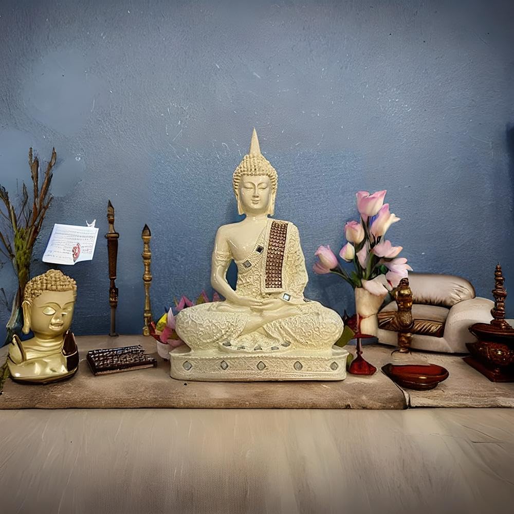 New 25 Centimetre Meditating Sitting Buddha Statue showpiece Idol Home Decor Items for Living Room and Gifts (1, Orange Black)