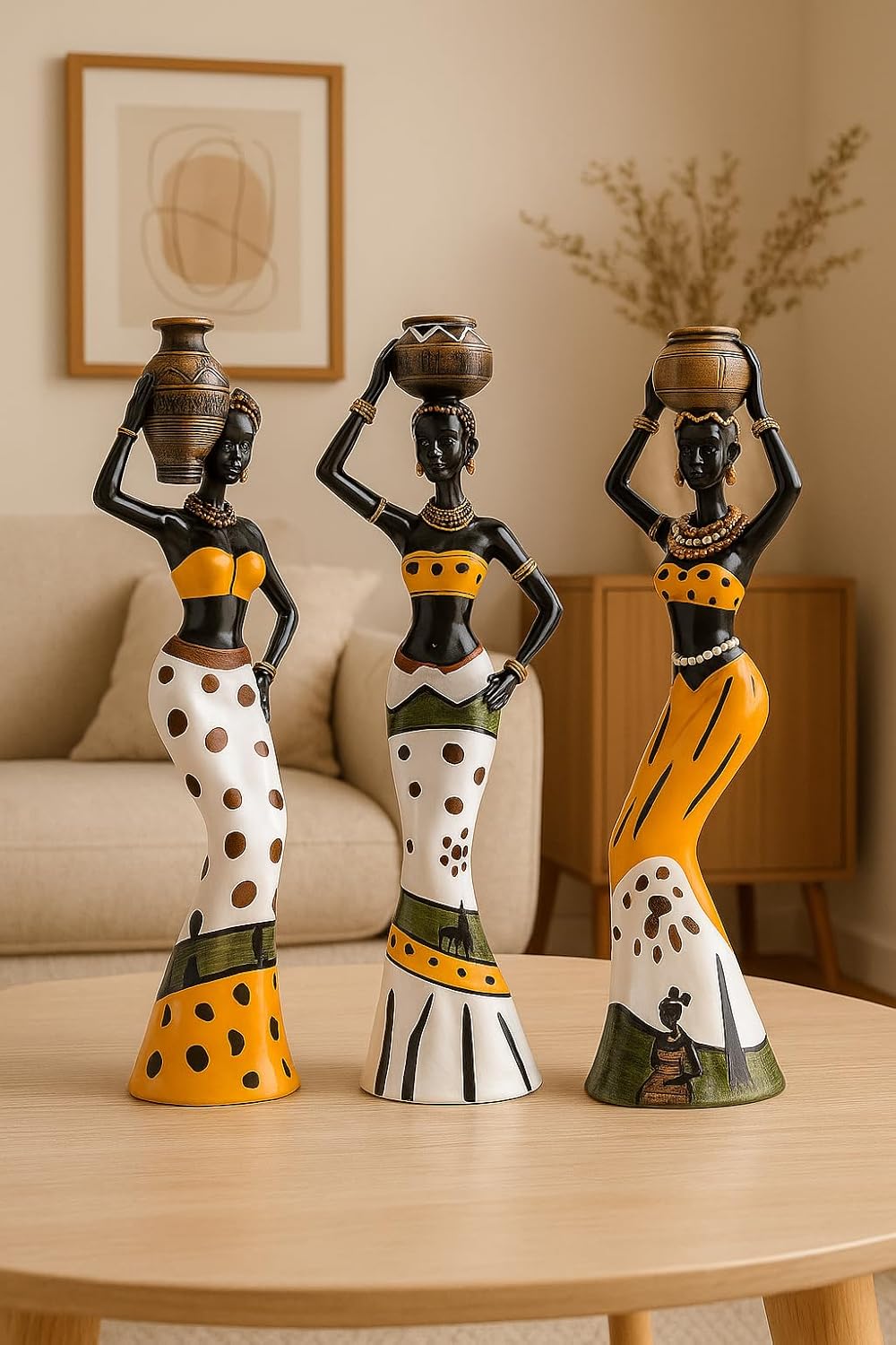 Beautiful Finish Uniquely Hand Crafted Home Dcor African Tribal Women Art Piece - (Set of 3, Multicolour), Resin