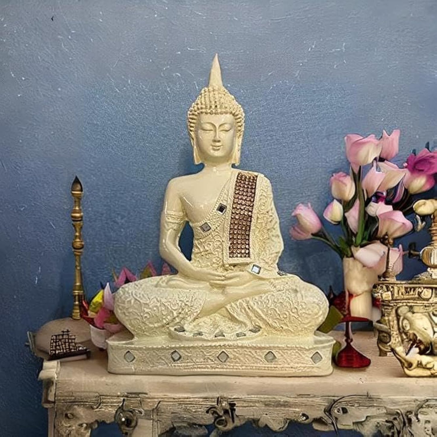 New 25 Centimetre Meditating Sitting Buddha Statue showpiece Idol Home Decor Items for Living Room and Gifts (1, Orange Black)