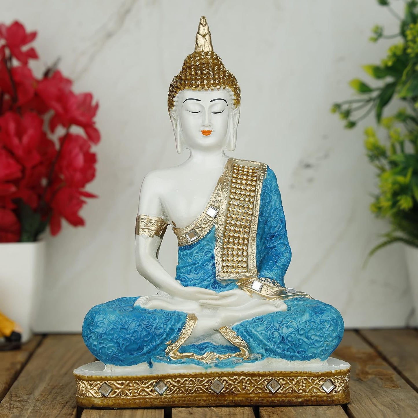 New 25 Centimetre Meditating Sitting Buddha Statue showpiece Idol Home Decor Items for Living Room and Gifts (1, Orange Black)