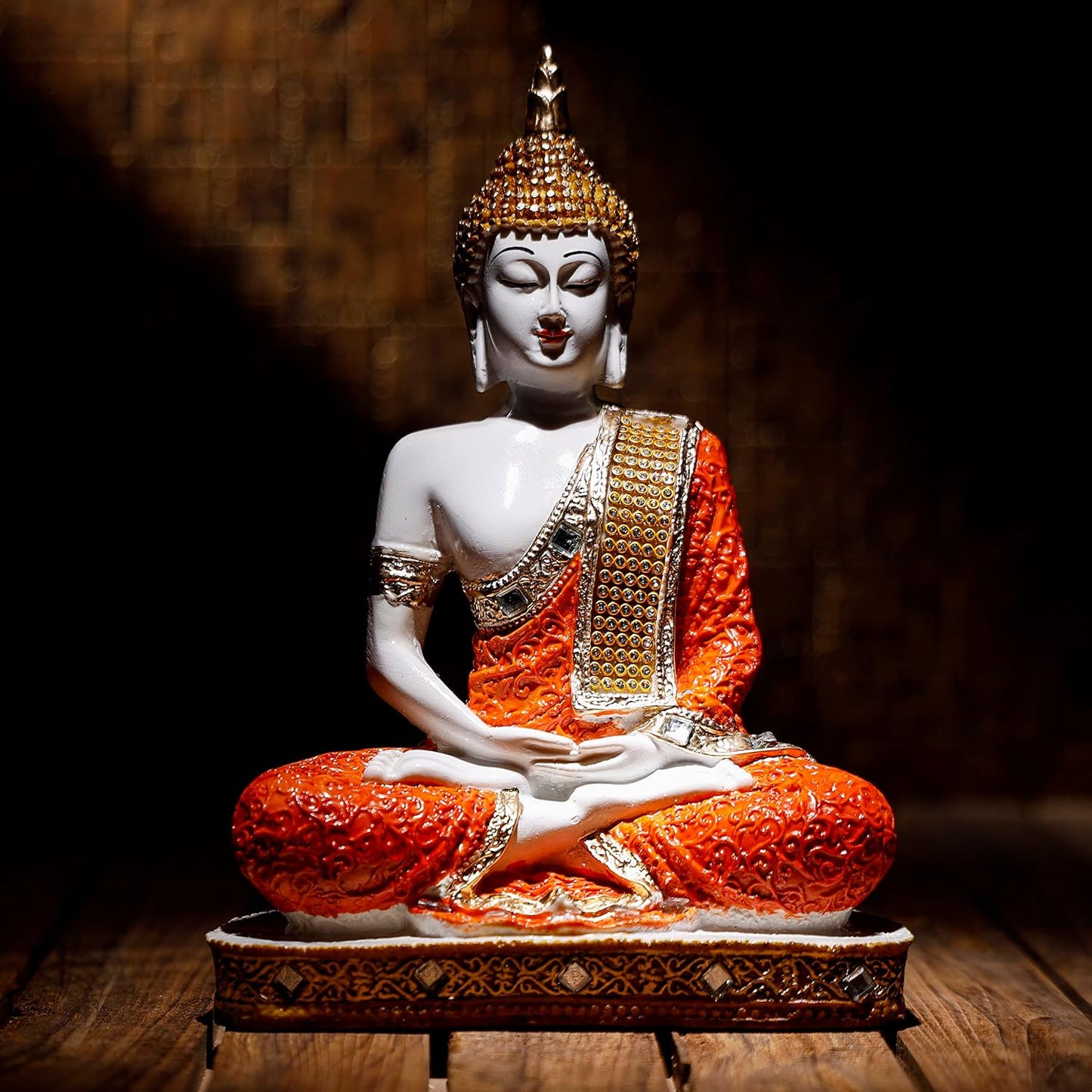 New 25 Centimetre Meditating Sitting Buddha Statue showpiece Idol Home Decor Items for Living Room and Gifts (1, Orange Black)