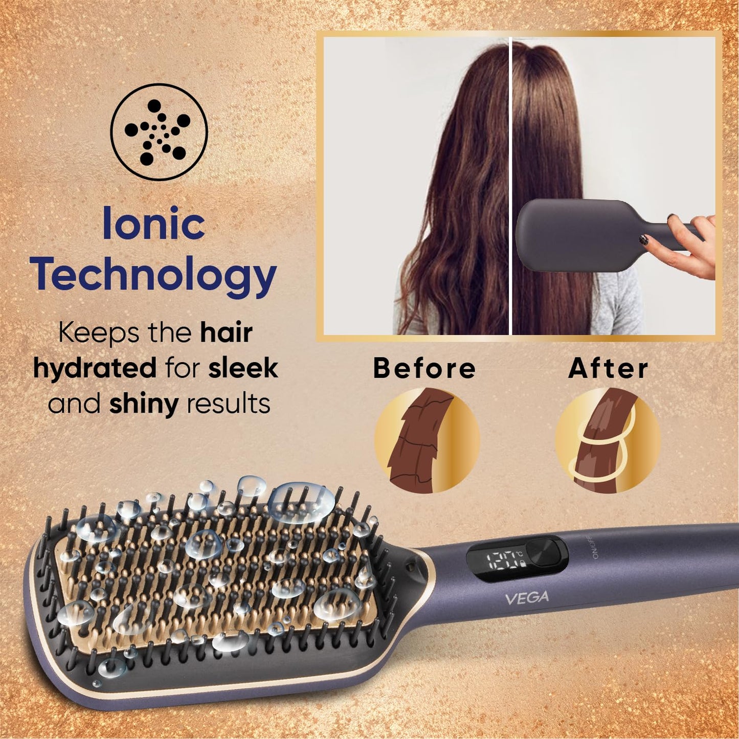 Vega LitStyle L1 Hair Straightener Brush for Women with Triple Care & ThermoProtect Technology (Keratin, Argan Oil & Ionic), Frizz-Free Hair in Few Mins, Straightening Effect Upto 12 Hours, (VHSB-06)