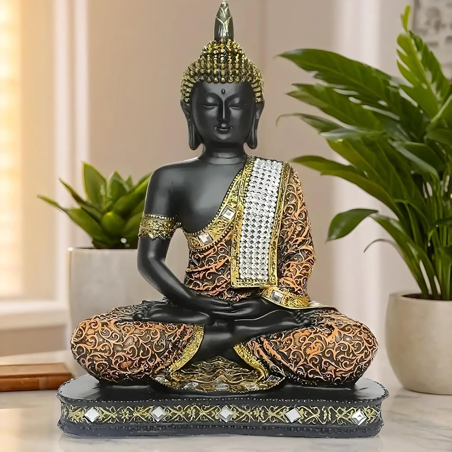 New 25 Centimetre Meditating Sitting Buddha Statue showpiece Idol Home Decor Items for Living Room and Gifts (1, Orange Black)