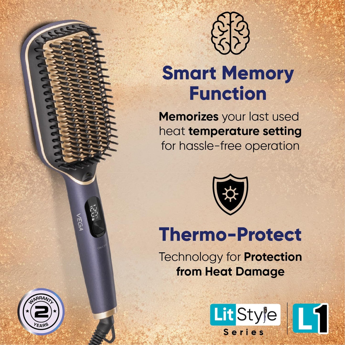Vega LitStyle L1 Hair Straightener Brush for Women with Triple Care & ThermoProtect Technology (Keratin, Argan Oil & Ionic), Frizz-Free Hair in Few Mins, Straightening Effect Upto 12 Hours, (VHSB-06)