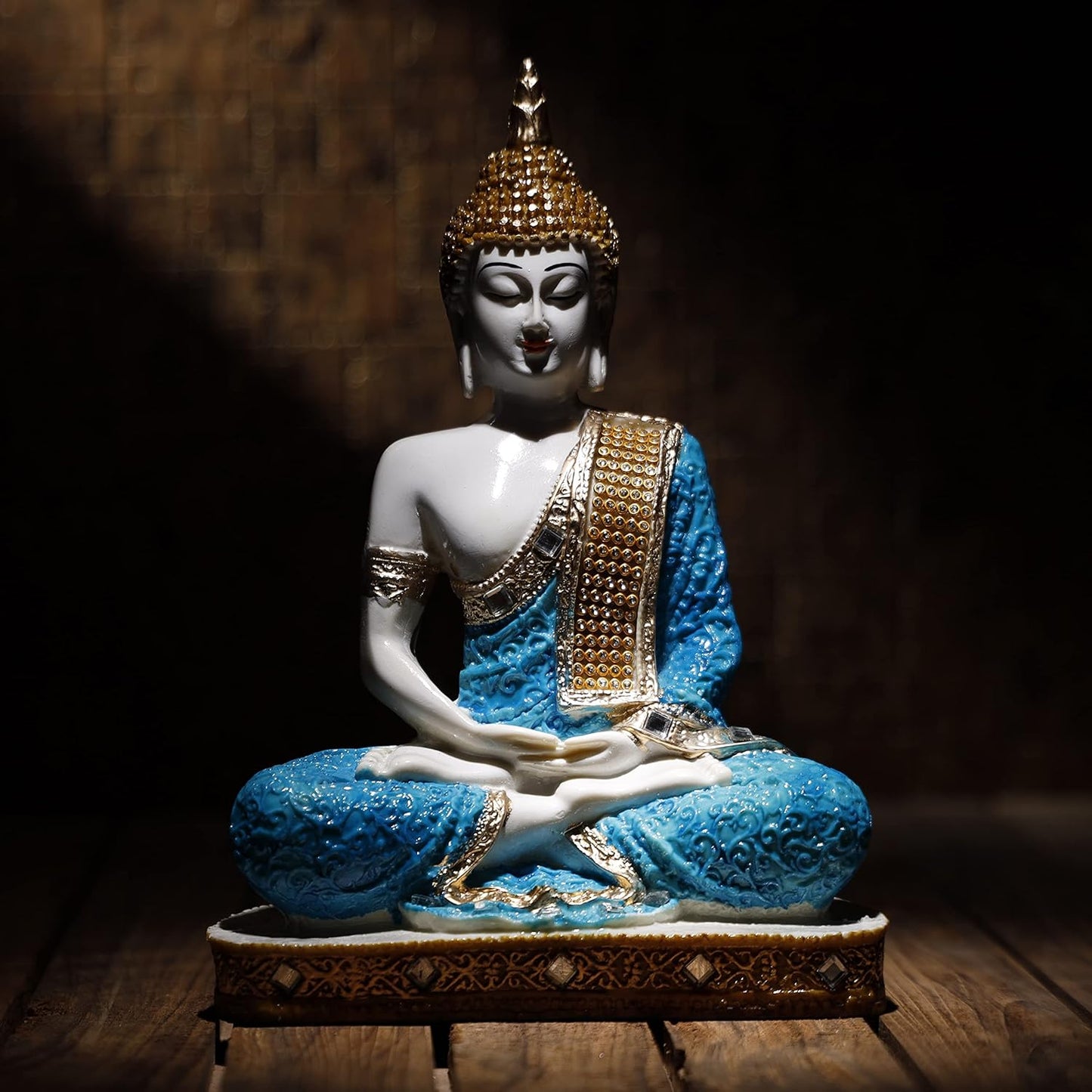 New 25 Centimetre Meditating Sitting Buddha Statue showpiece Idol Home Decor Items for Living Room and Gifts (1, Orange Black)